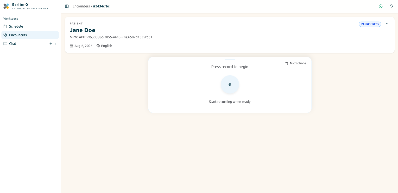 An encounter ready to record in the Scribe-X Clinical Intelligence Platform